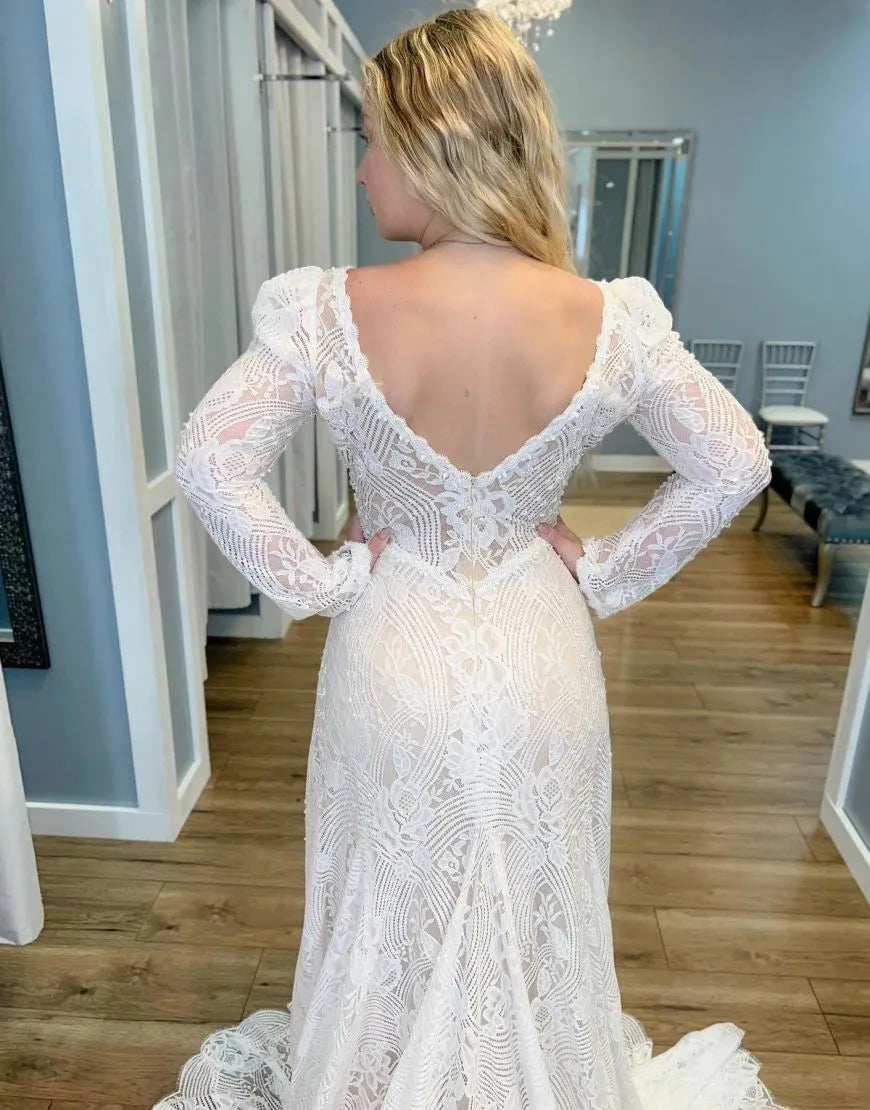 Boho Sheath Deep V-Neck Long Sleeves Lace Wedding Dress