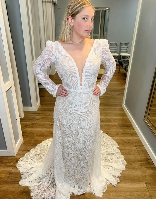 Boho Sheath Deep V-Neck Long Sleeves Lace Wedding Dress