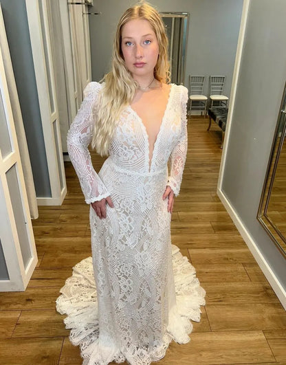 Boho Sheath Deep V-Neck Long Sleeves Lace Wedding Dress