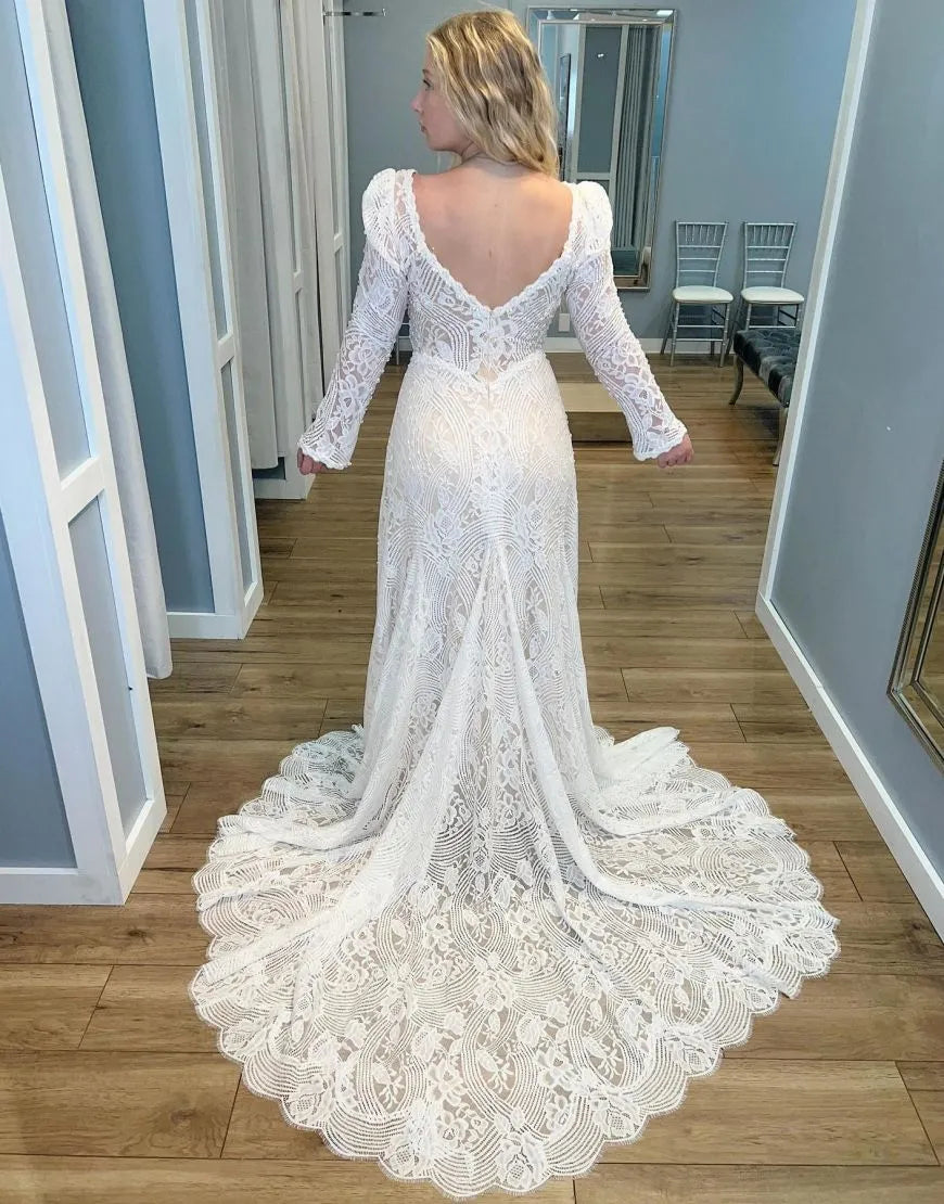 Boho Sheath Deep V-Neck Long Sleeves Lace Wedding Dress