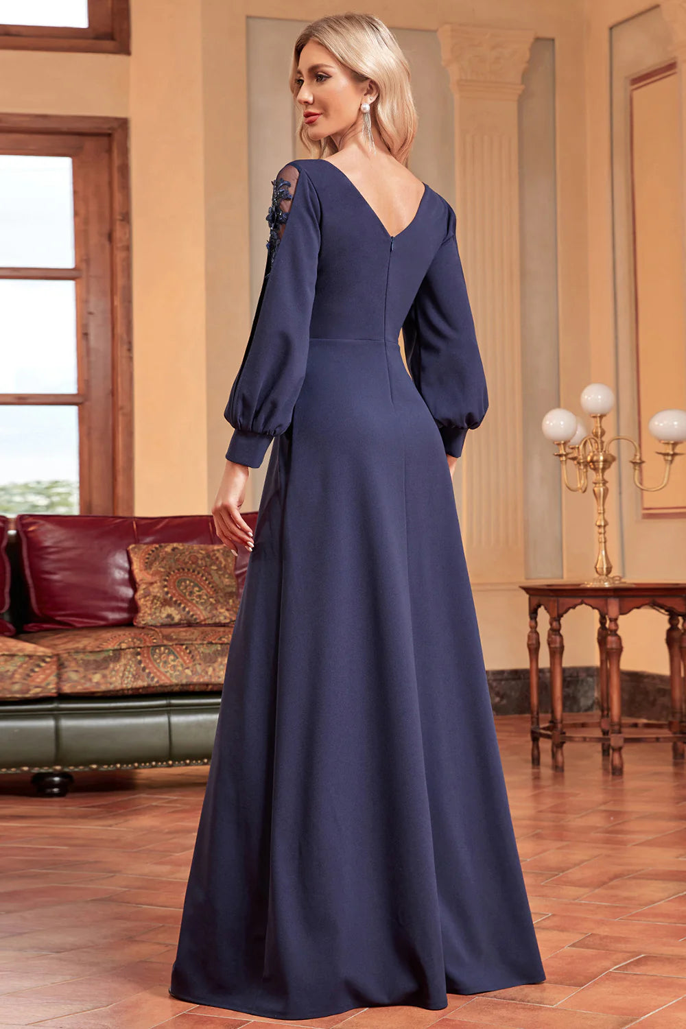 A-Line Long Sleeves Navy Mother of the Bride Dress with Beading