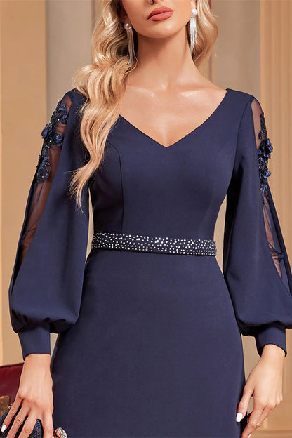 A-Line Long Sleeves Navy Mother of the Bride Dress with Beading