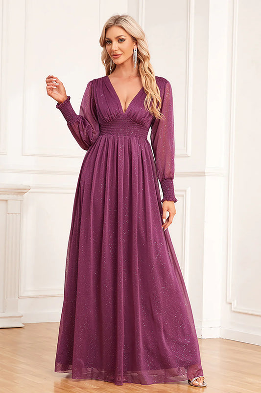 Long Sleeves Grape A Line V-Neck Floor-length Dress Mother of the Bride Dress