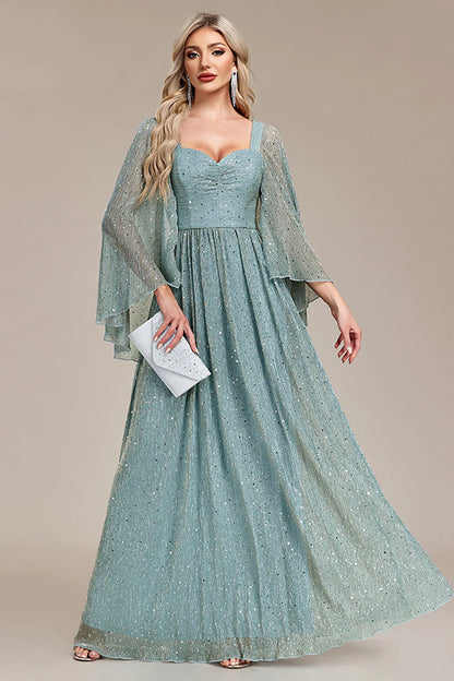 A Line Long Sleeves Grey Green Sparkly Tulle Dress Mother of the Bride Dress