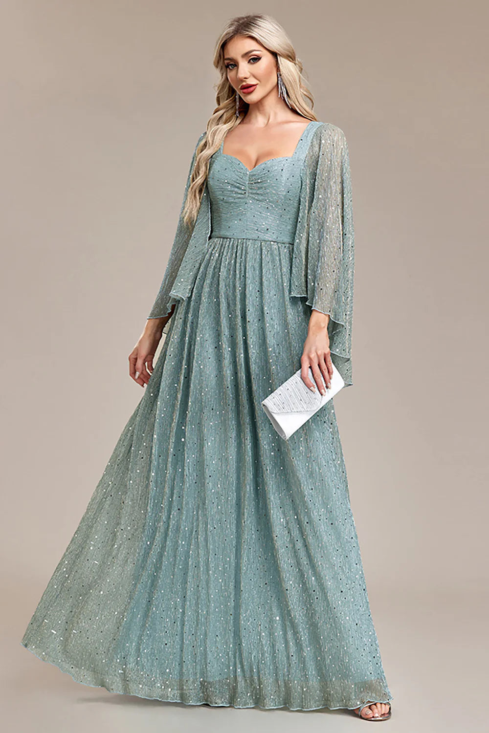 A Line Long Sleeves Grey Green Sparkly Tulle Dress Mother of the Bride Dress