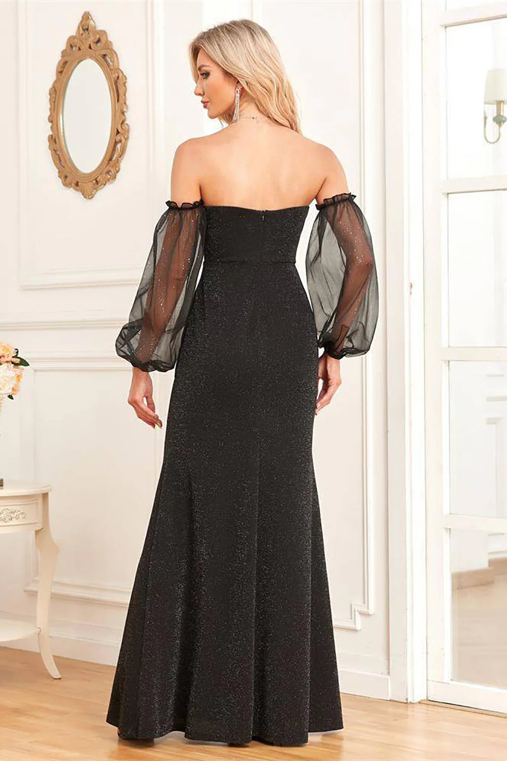 Removable Sleeves Black Sheath Sparkly Formal Dress