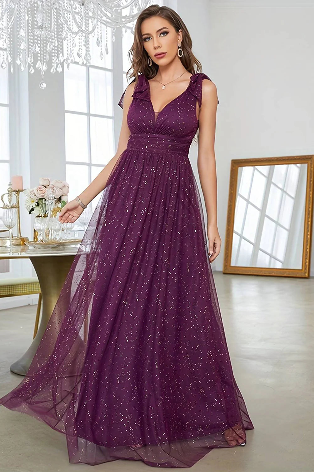 A-Line V-Neck Sequins Purple Prom Dress With Sleeveless