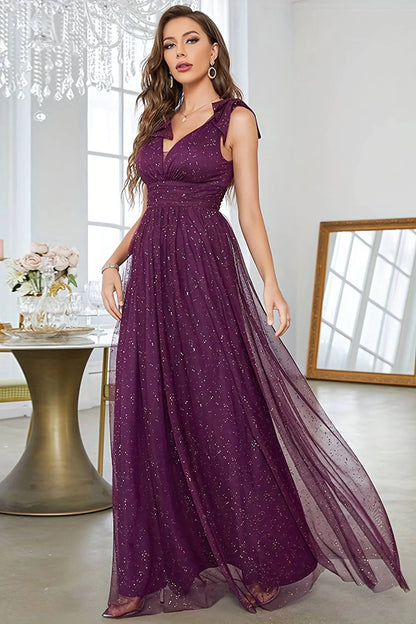 A-Line V-Neck Sequins Purple Prom Dress With Sleeveless