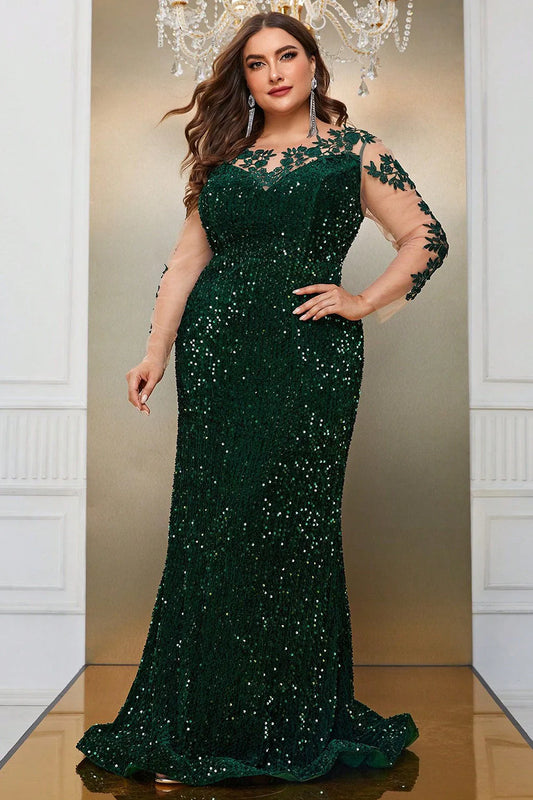 Dark Green Mermaid Plus Size Sequin Prom Dress with Appliques