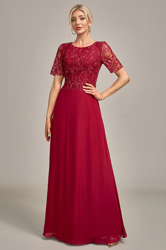 Burgundy A Line Round Neck Sequin Mother of Bride Dress With Appliques