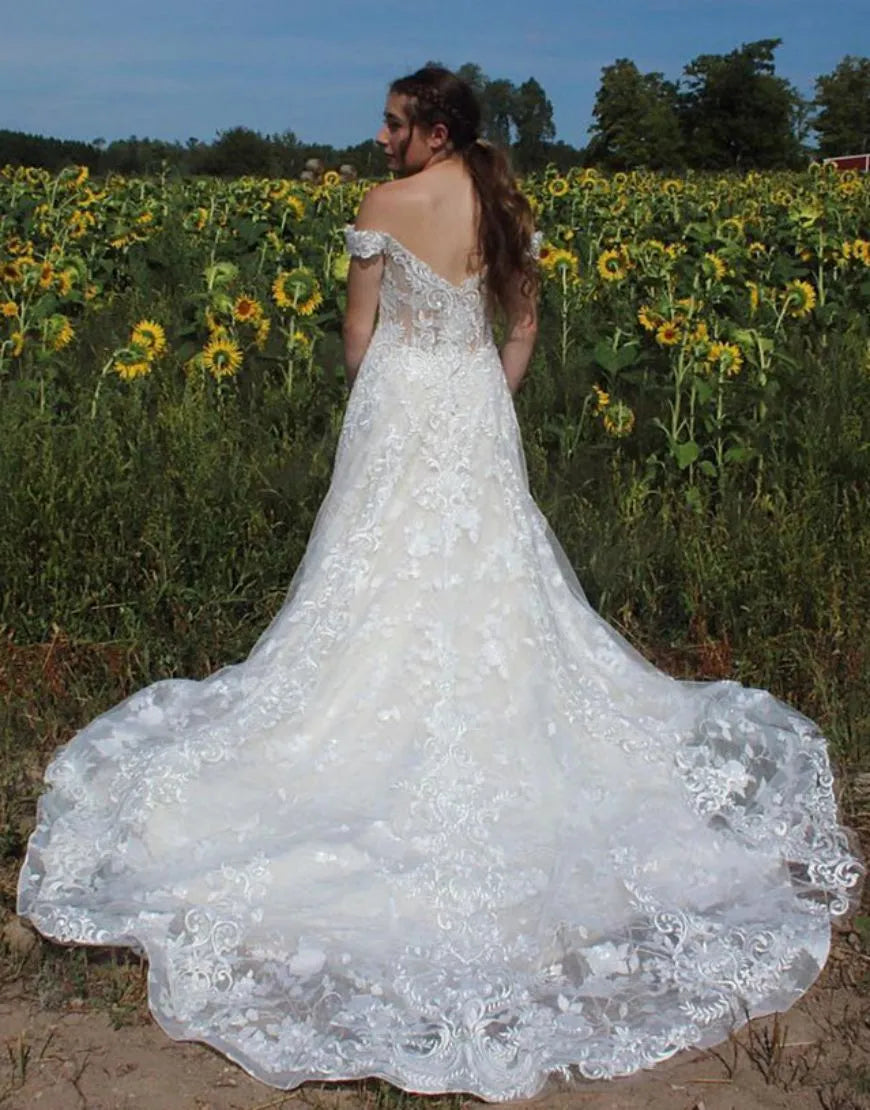 Classic A-Line Off The Shoulder Court Train Wedding Dress With Appliques