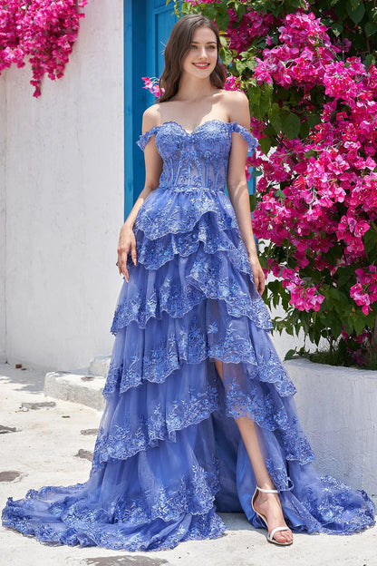 Sequin Off The Shoulder Fuchsia Prom Dress with Tulle Lace