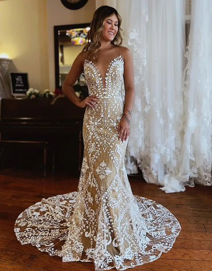 Dark Champagne Mermaid Illusion Neckline Lace Wedding Dress