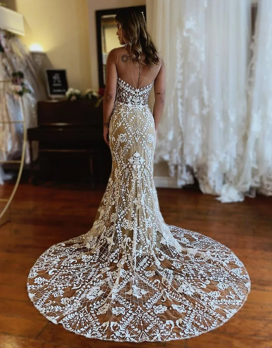 Dark Champagne Mermaid Illusion Neckline Lace Wedding Dress