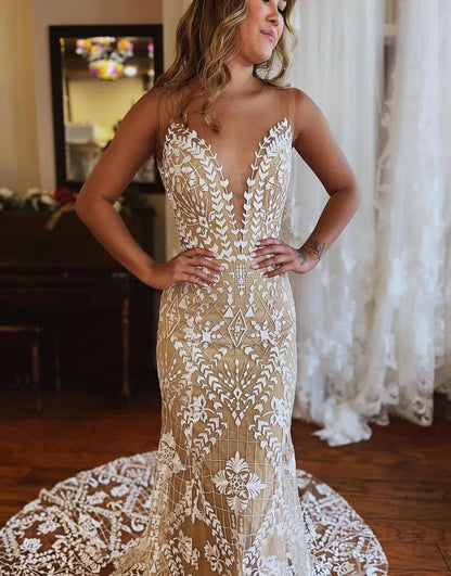 Dark Champagne Mermaid Illusion Neckline Lace Wedding Dress