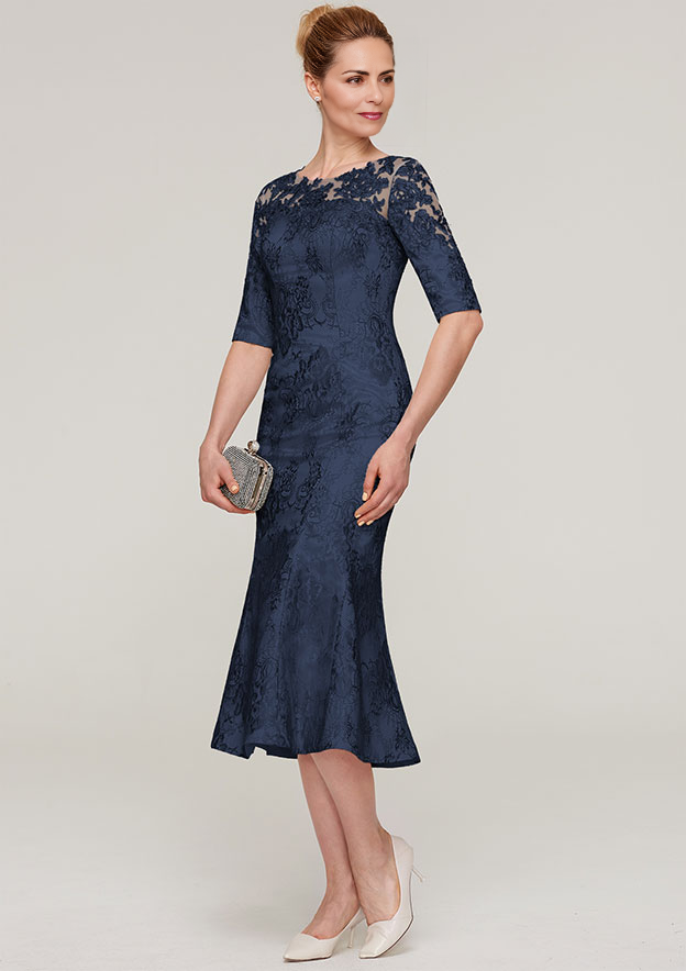 Half Sleeve Tea-Length Lace Mother of the Bride Dress With Appliqued