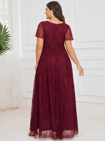 Plus Size Short Sleeve Ruffled V-Neck A-Line Lace Evening Dress Mother of the Bride Dresses