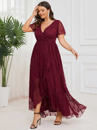 Plus Size Short Sleeve Ruffled V-Neck A-Line Lace Evening Dress Mother of the Bride Dresses