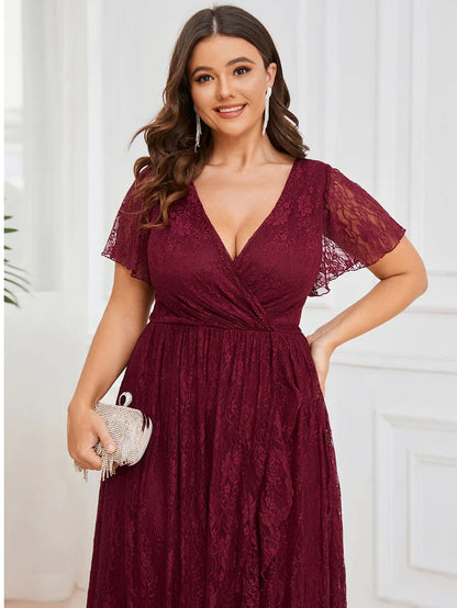 Plus Size Short Sleeve Ruffled V-Neck A-Line Lace Evening Dress Mother of the Bride Dresses