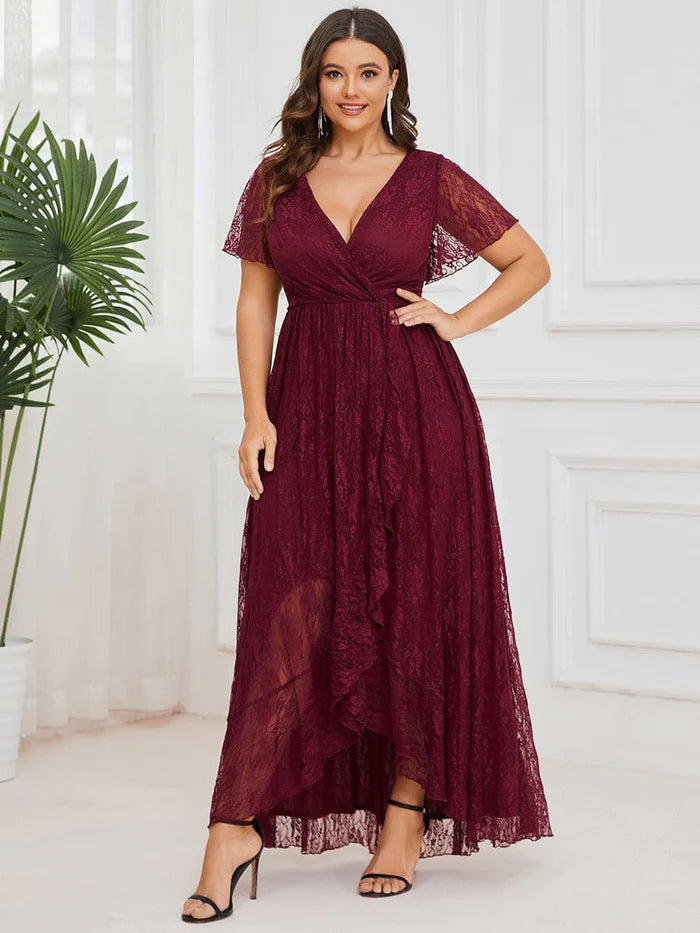 Plus Size Short Sleeve Ruffled V-Neck A-Line Lace Evening Dress Mother of the Bride Dresses