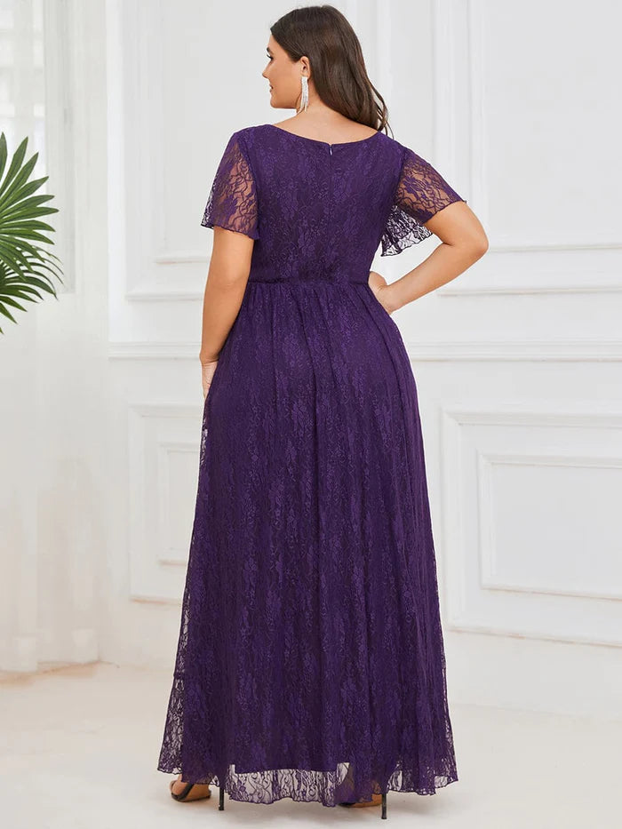 Plus Size Short Sleeve Ruffled V-Neck A-Line Lace Evening Dress Mother of the Bride Dresses