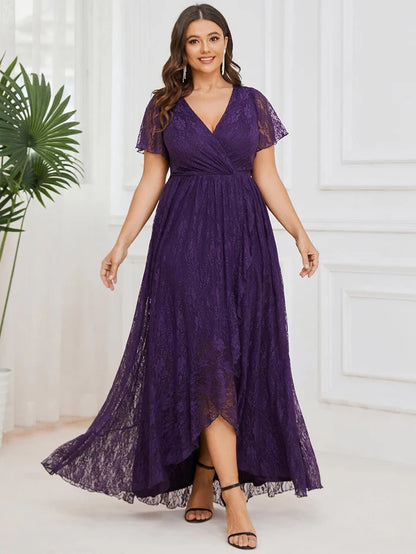 Plus Size Short Sleeve Ruffled V-Neck A-Line Lace Evening Dress Mother of the Bride Dresses