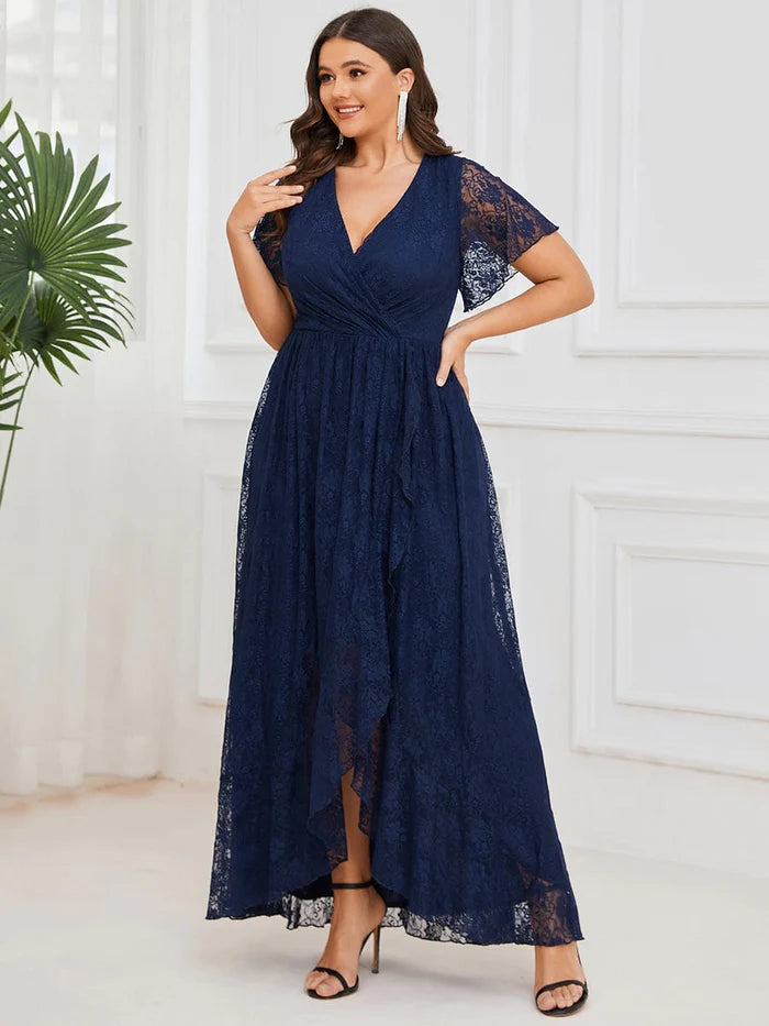 Pleated V-Neck Short Sleeve Ruffled Lace Evening Dress Mother of the Bride Dresses