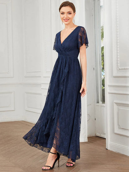 Pleated V-Neck Short Sleeve Ruffled Lace Evening Dress Mother of the Bride Dresses