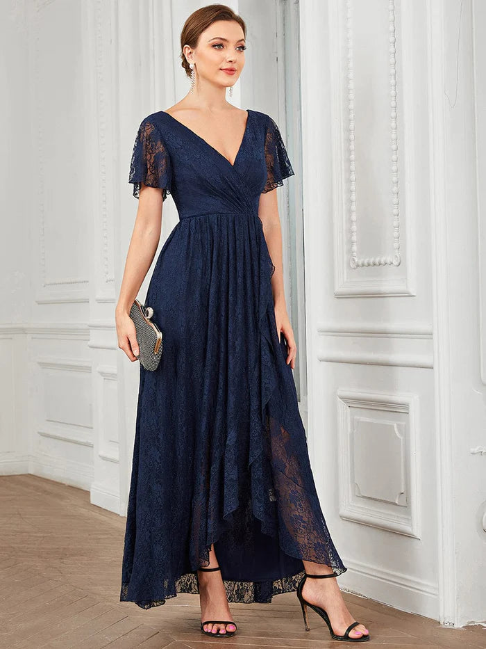 Pleated V-Neck Short Sleeve Ruffled Lace Evening Dress Mother of the Bride Dresses