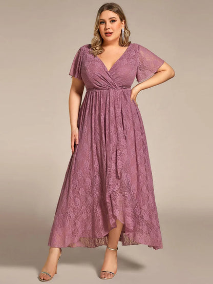 Plus Size Short Sleeve Ruffled V-Neck A-Line Lace Evening Dress Mother of the Bride Dresses