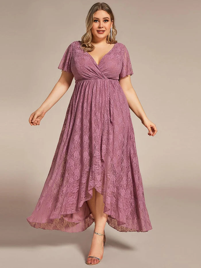 Plus Size Short Sleeve Ruffled V-Neck A-Line Lace Evening Dress Mother of the Bride Dresses