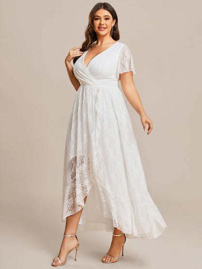 Plus Size Short Sleeve Ruffled V-Neck A-Line Lace Evening Dress Mother of the Bride Dresses