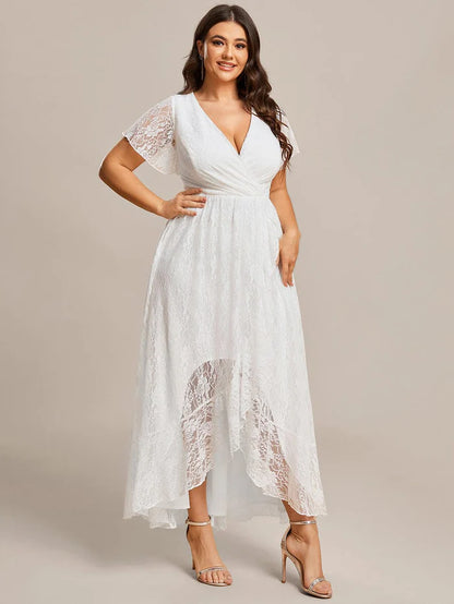 Plus Size Short Sleeve Ruffled V-Neck A-Line Lace Evening Dress Mother of the Bride Dresses