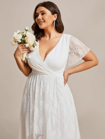 Plus Size Short Sleeve Ruffled V-Neck A-Line Lace Evening Dress Mother of the Bride Dresses