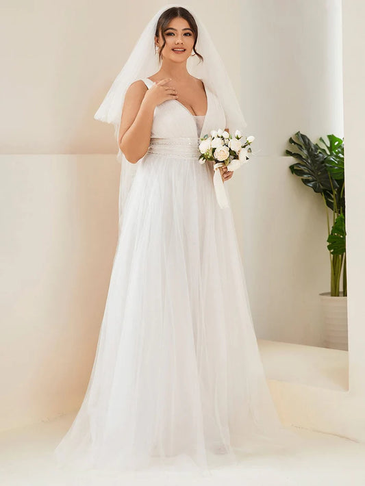 Ivory Plus Size Empire Waist Sleeveless Deep V-Neck Lace Sheer A-Line Wedding Dress