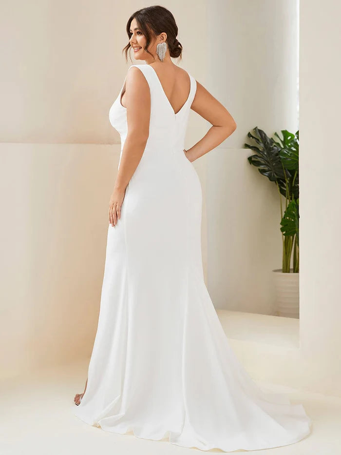 White Plus Size Deep V-Neck Sleeveless High Slid Simple Long Dress Wedding Dress With Slit