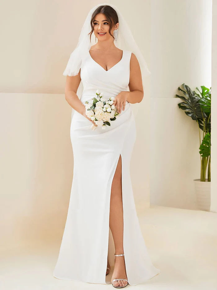 White Plus Size Deep V-Neck Sleeveless High Slid Simple Long Dress Wedding Dress With Slit