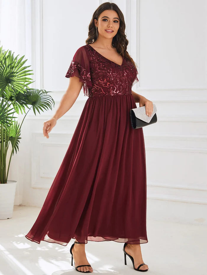 Plus Size V-Neck Short Sleeve Sequin Bodice Mother of the Bride Dress Wedding Guest Party Dress