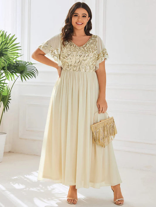 Plus Size V-Neck Short Sleeve Sequin Bodice Mother of the Bride Dress Wedding Guest Party Dress