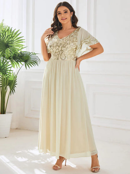 Plus Size V-Neck Short Sleeve Sequin Bodice Mother of the Bride Dress Wedding Guest Party Dress