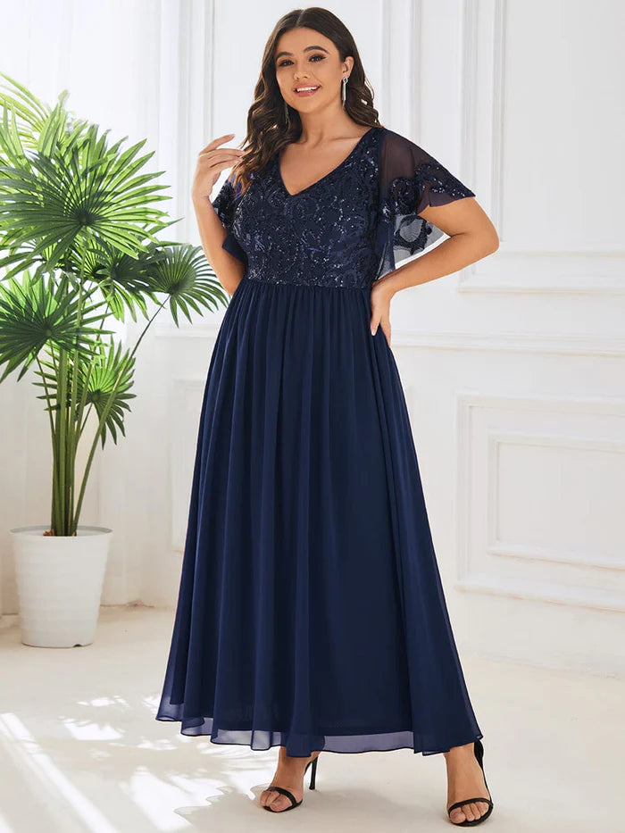 Plus Size V-Neck Short Sleeve Sequin Bodice Mother of the Bride Dress Wedding Guest Party Dress