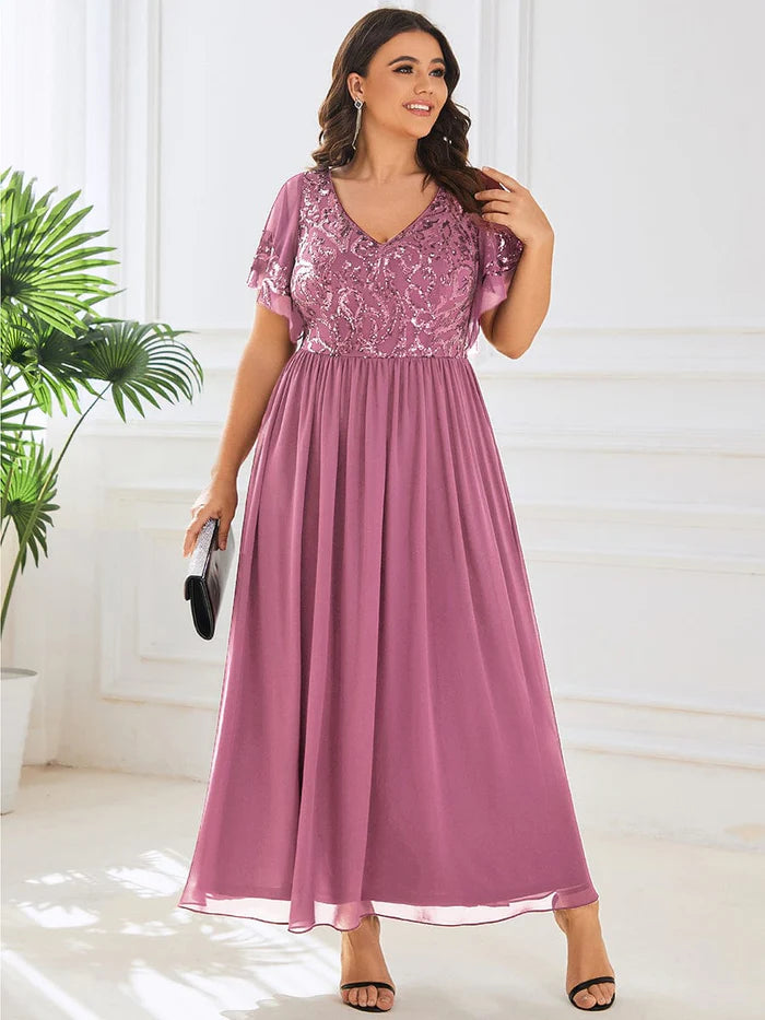 Plus Size V-Neck Short Sleeve Sequin Bodice Mother of the Bride Dress Wedding Guest Party Dress