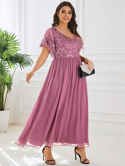 Plus Size V-Neck Short Sleeve Sequin Bodice Mother of the Bride Dress Wedding Guest Party Dress