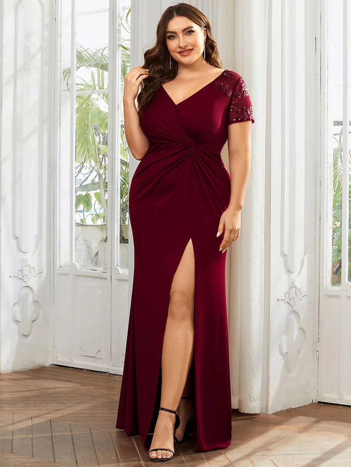 Deep V-Neck Sequin Short Sleeve High Side Front Slit Formal Evening Dresses Mother of the Bride Dresses