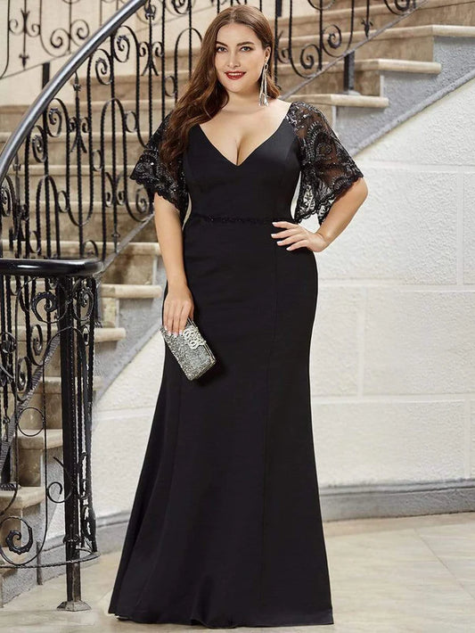 Elegant Plus Size V Neck Fishtail Evening Dress for Women Mother of the Bride Dresses