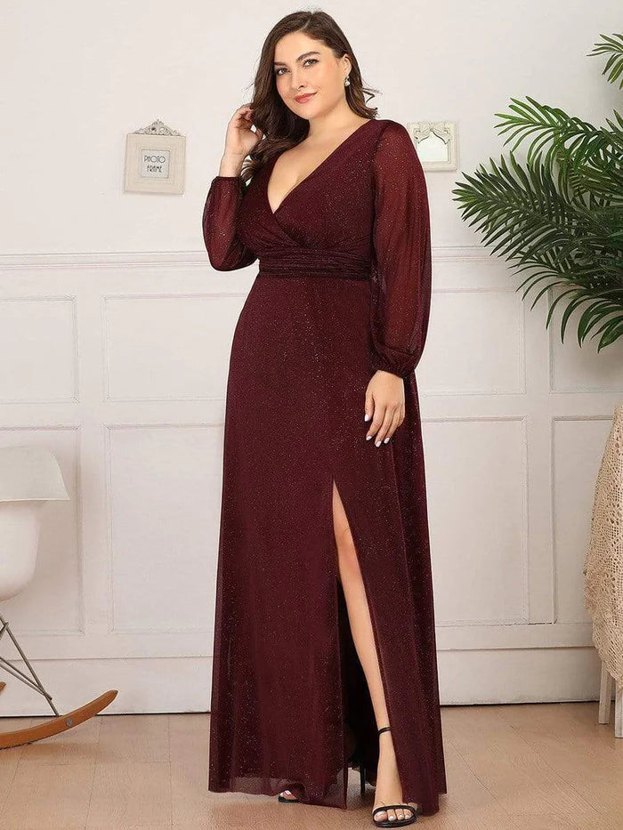 Plus Size V-Neck Shiny Puff Sleeve Evening Dress Mother of the Bride Dresses