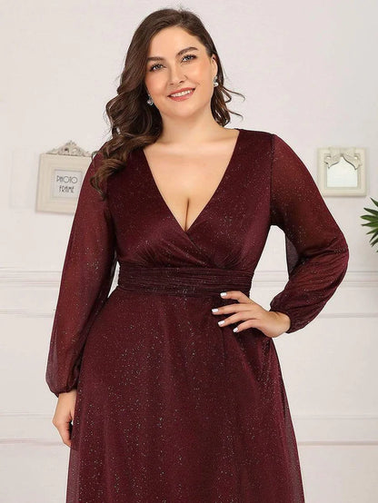 Plus Size V-Neck Shiny Puff Sleeve Evening Dress Mother of the Bride Dresses