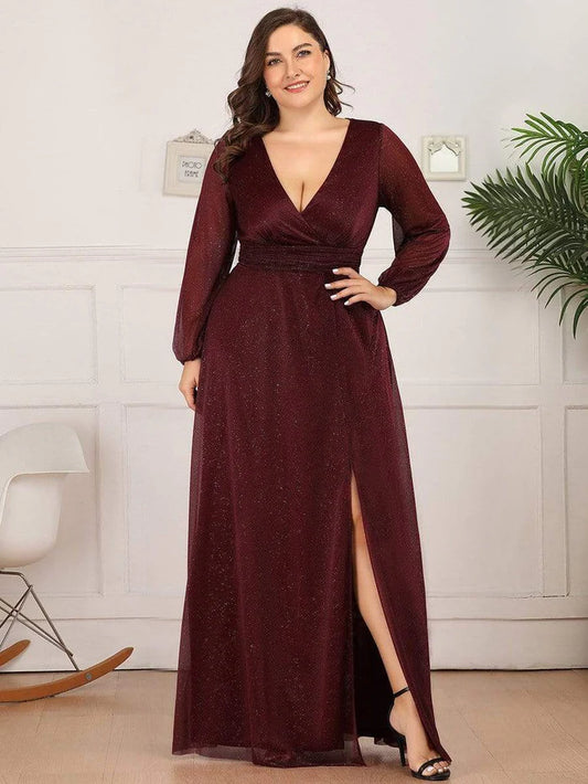 Plus Size V-Neck Shiny Puff Sleeve Evening Dress Mother of the Bride Dresses