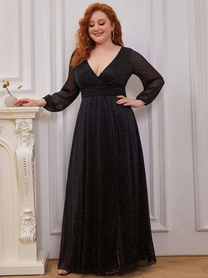 Plus Size V-Neck Shiny Puff Sleeve Evening Dress Mother of the Bride Dresses