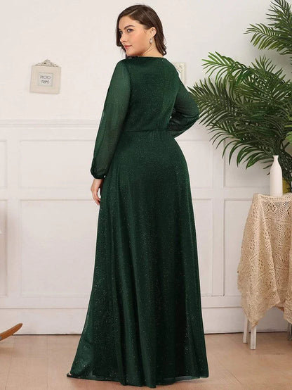 Plus Size V-Neck Shiny Puff Sleeve Evening Dress Mother of the Bride Dresses